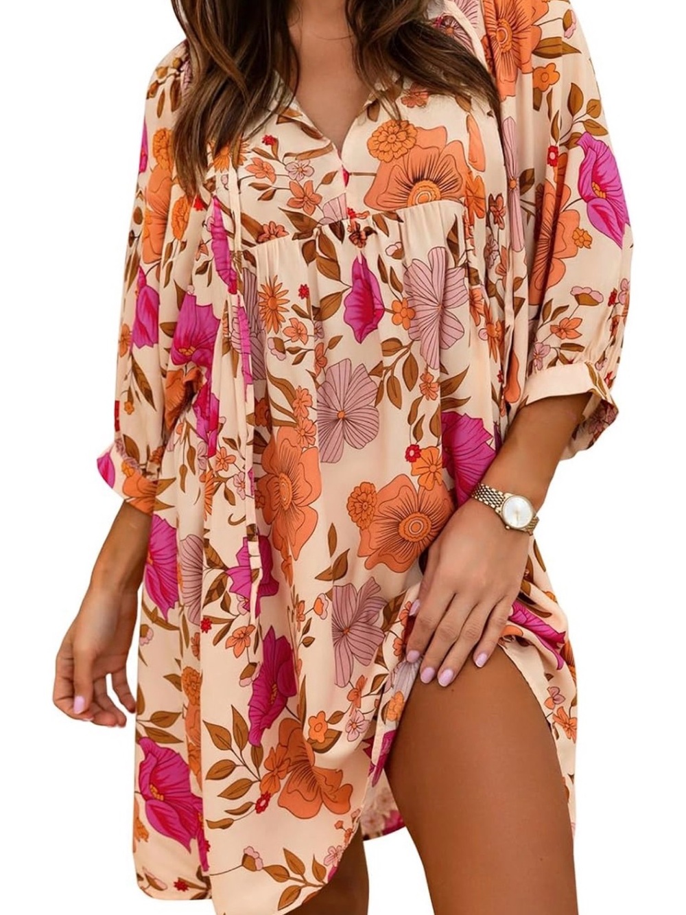 Floral Mini Dress in Cream with Pink & Orange Short Sleeve Flowy Size L NWT